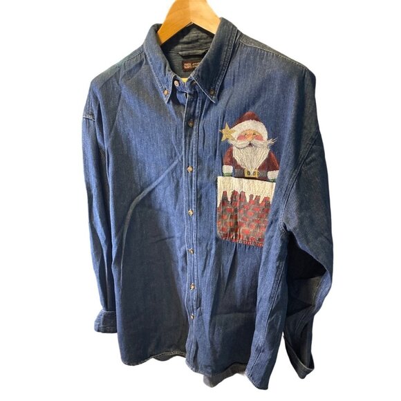 Vintaga 90s Faded Glory Button Down Santa Chimney Denim Top Sz XL - Picture 3 of 7